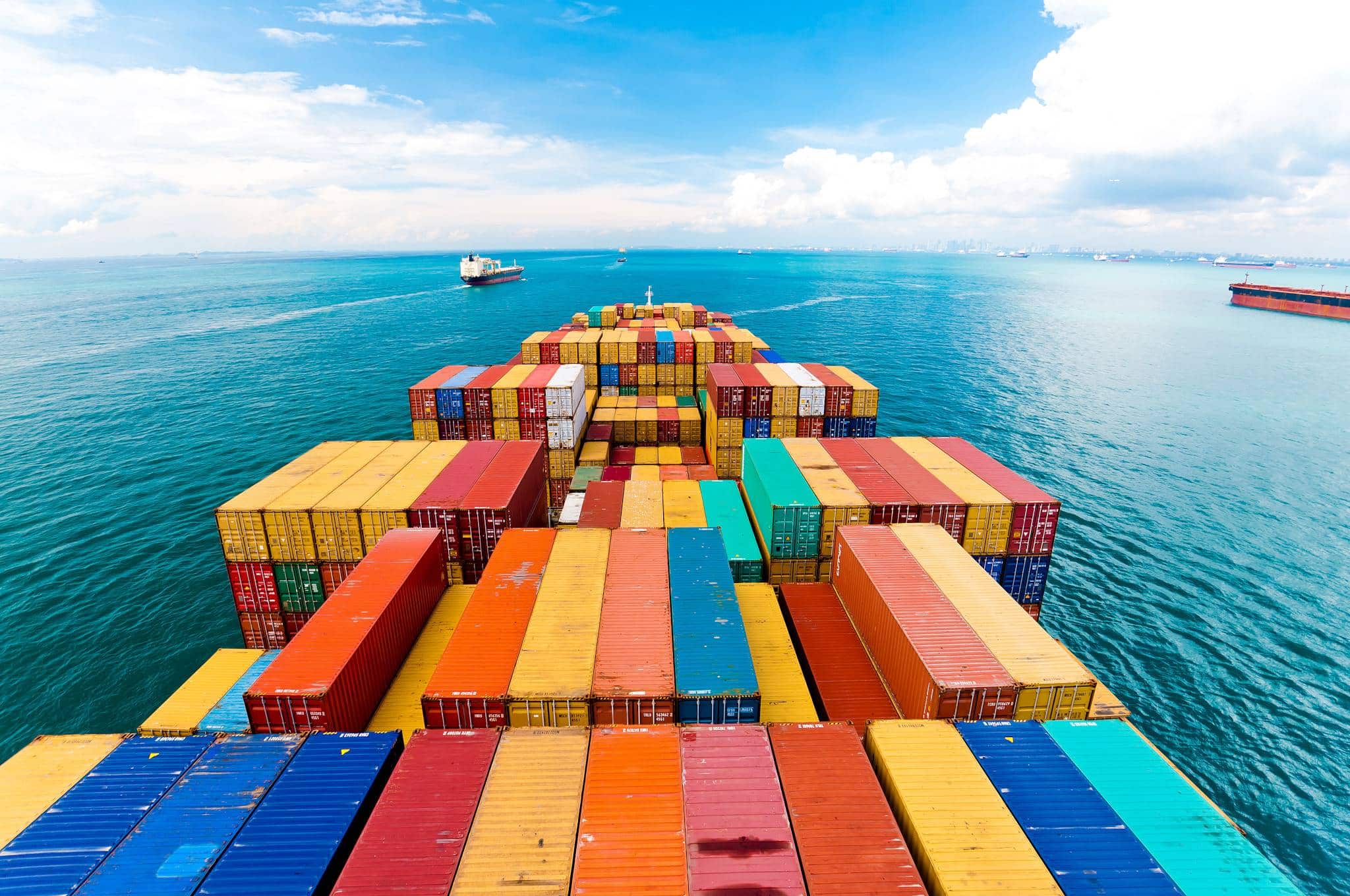 A colourful arial shot of an Allied cargo ship